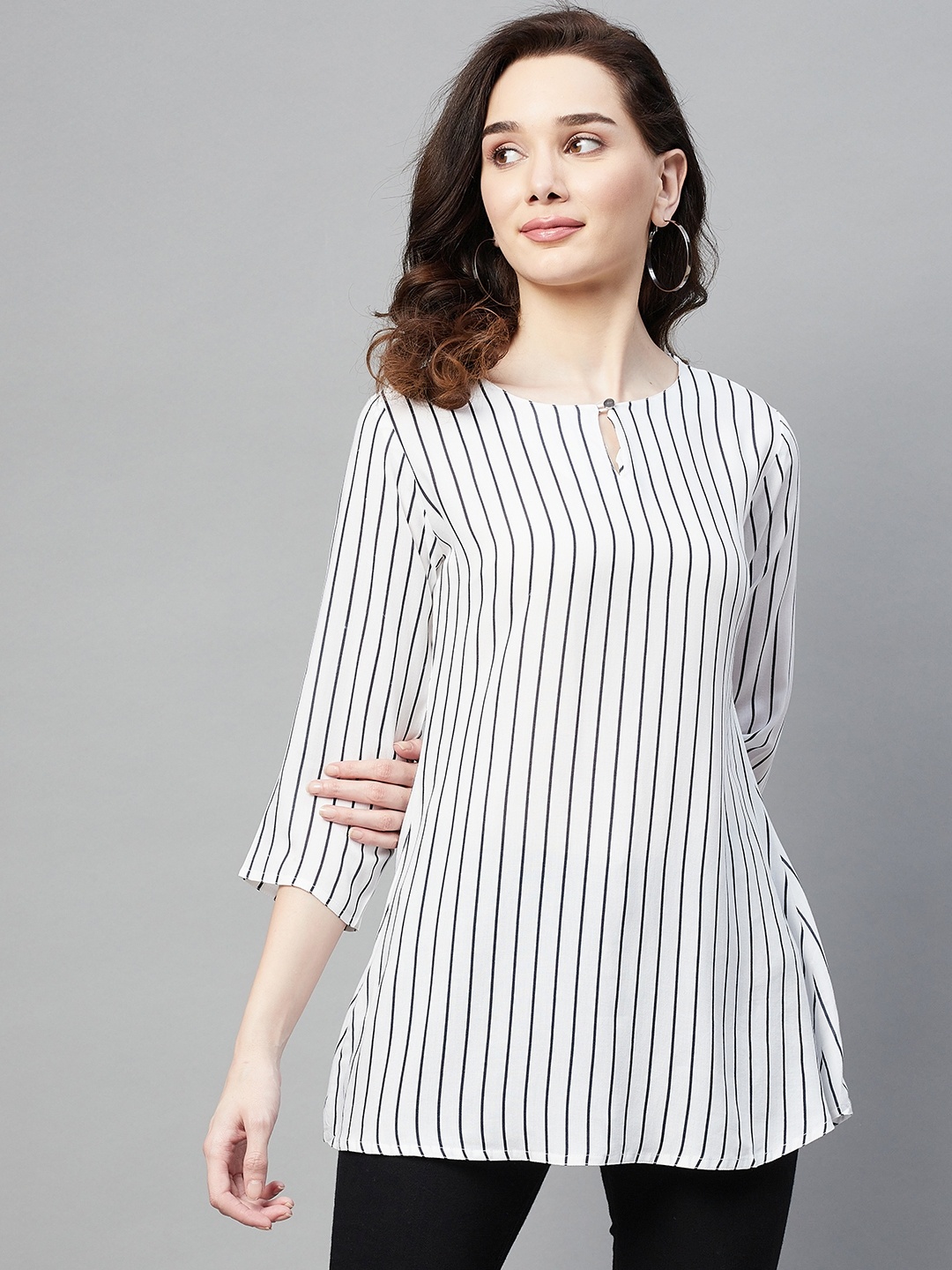 

Aarika White & Black Striped Keyhole Neck Longline Pure Cotton A-Line Top
