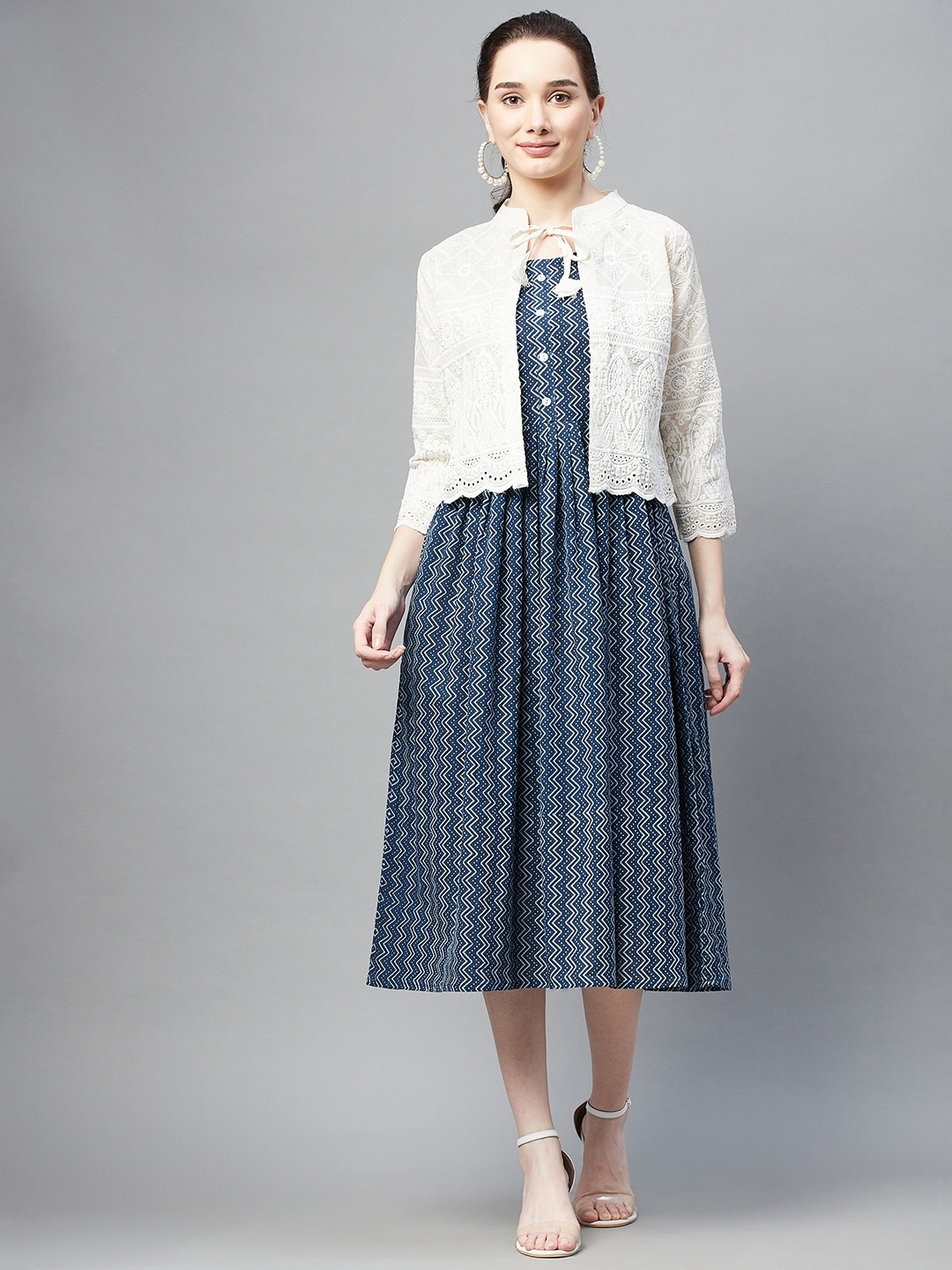 

Aarika Women Blue & White Pure Cotton Chevron Print Fit & Flare Dress with Shrug