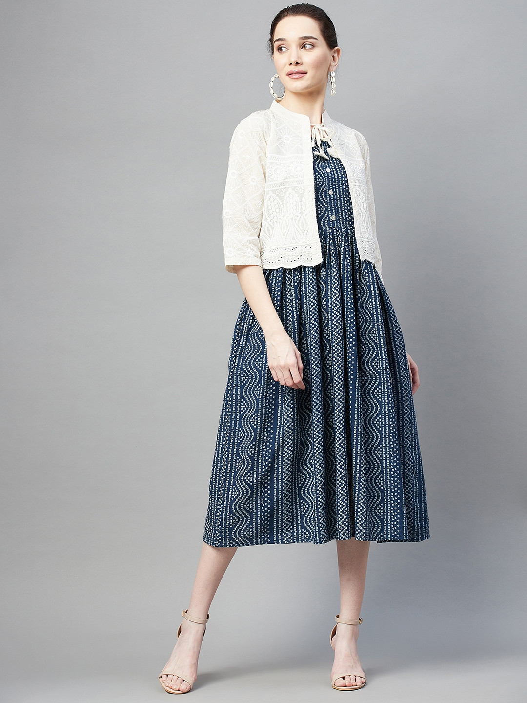 

Aarika Blue & White Printed Cotton Midi Dress with Shrug