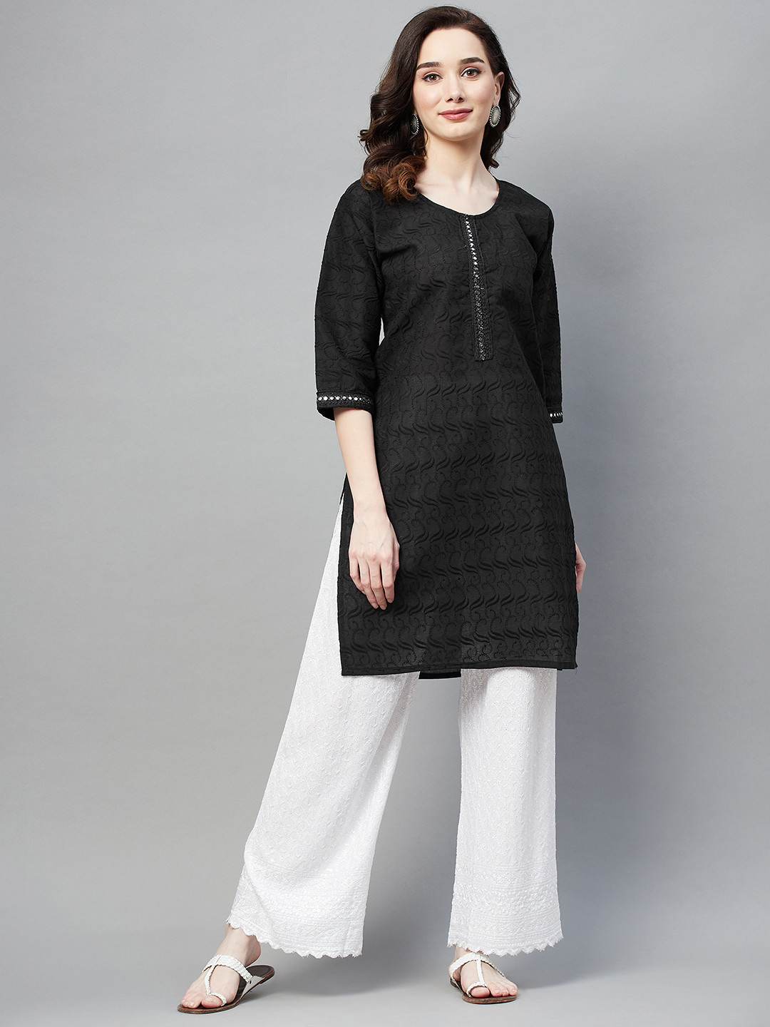 

Aarika Women Black Ethnic Motifs Embroidered Mirror Work Cotton Straight Kurta