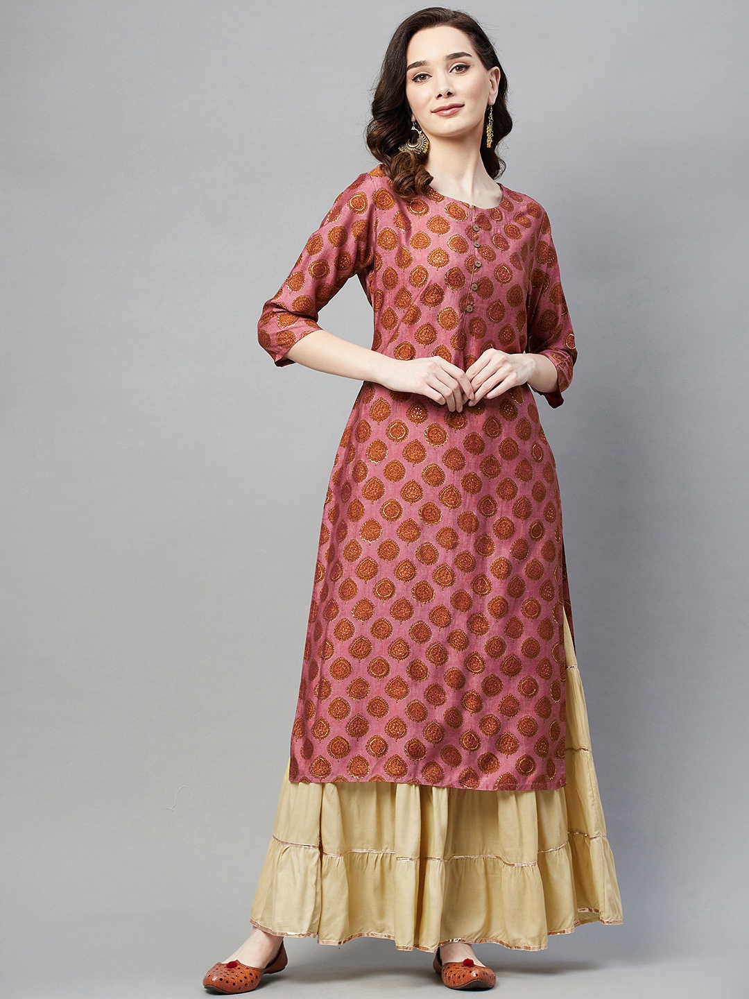 

Aarika Women Pink & Brown Ethnic Motifs Printed Kurta