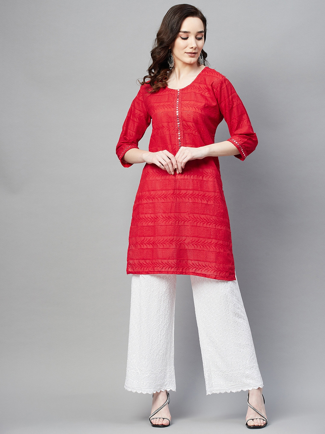 

Aarika Women Red Ethnic Motifs Embroidered Mirror Work Kurta