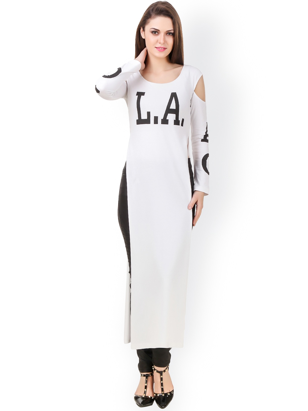 

Texco White & Black Printed Cold-Shoulder Long-Line Top