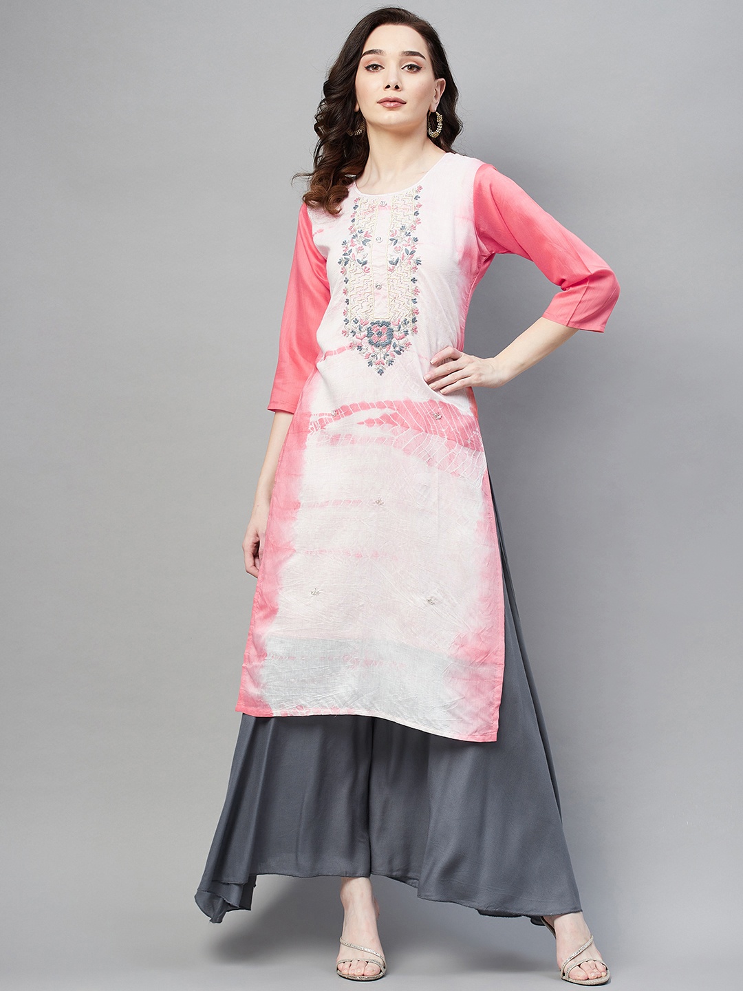 

Aarika Women White & Pink Ethnic Motifs Yoke Design Kurta
