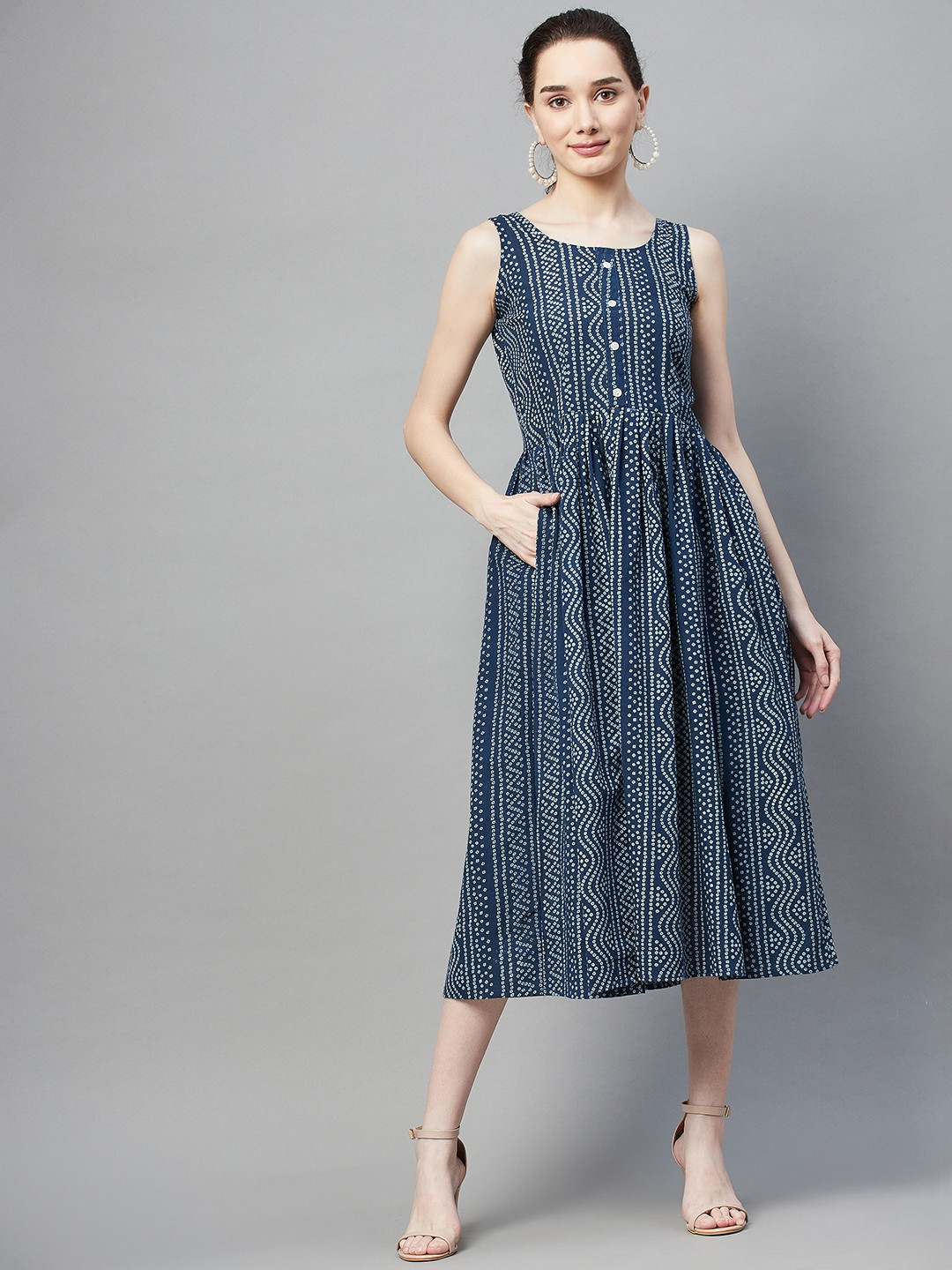 

Aarika Blue & White Printed Cotton Midi Dress