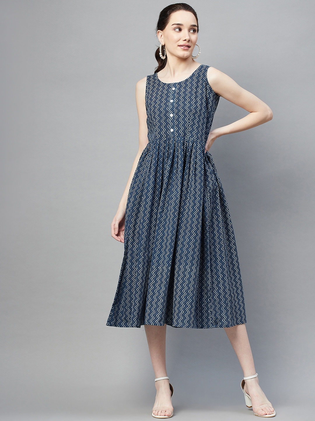 

Aarika Blue & White Striped Cotton Midi Dress