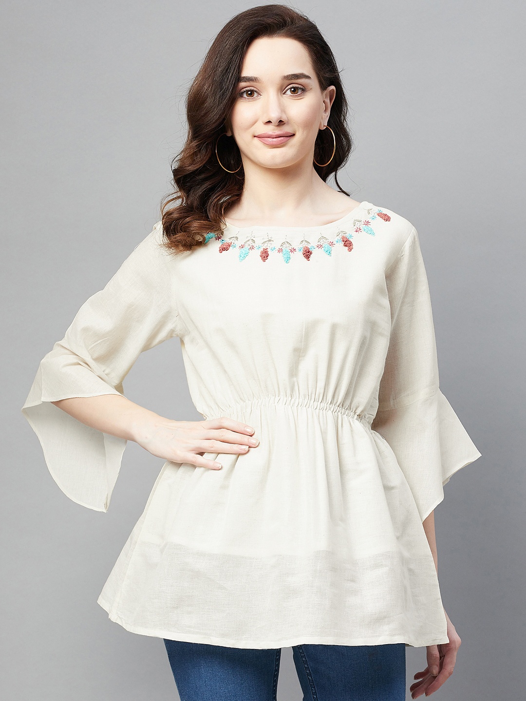 

Aarika Cream-Coloured Solid Pure Cotton Cinched Waist Top