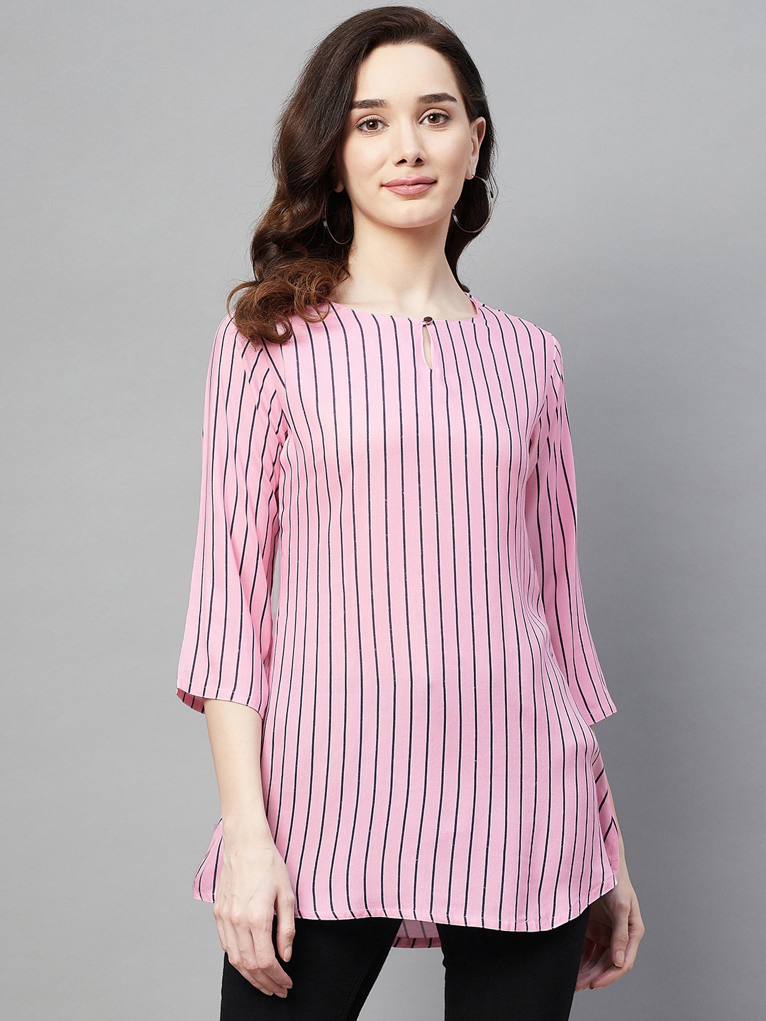 

Aarika Pink & Black Striped Keyhole Neck Longline Pure Cotton A-Line Top