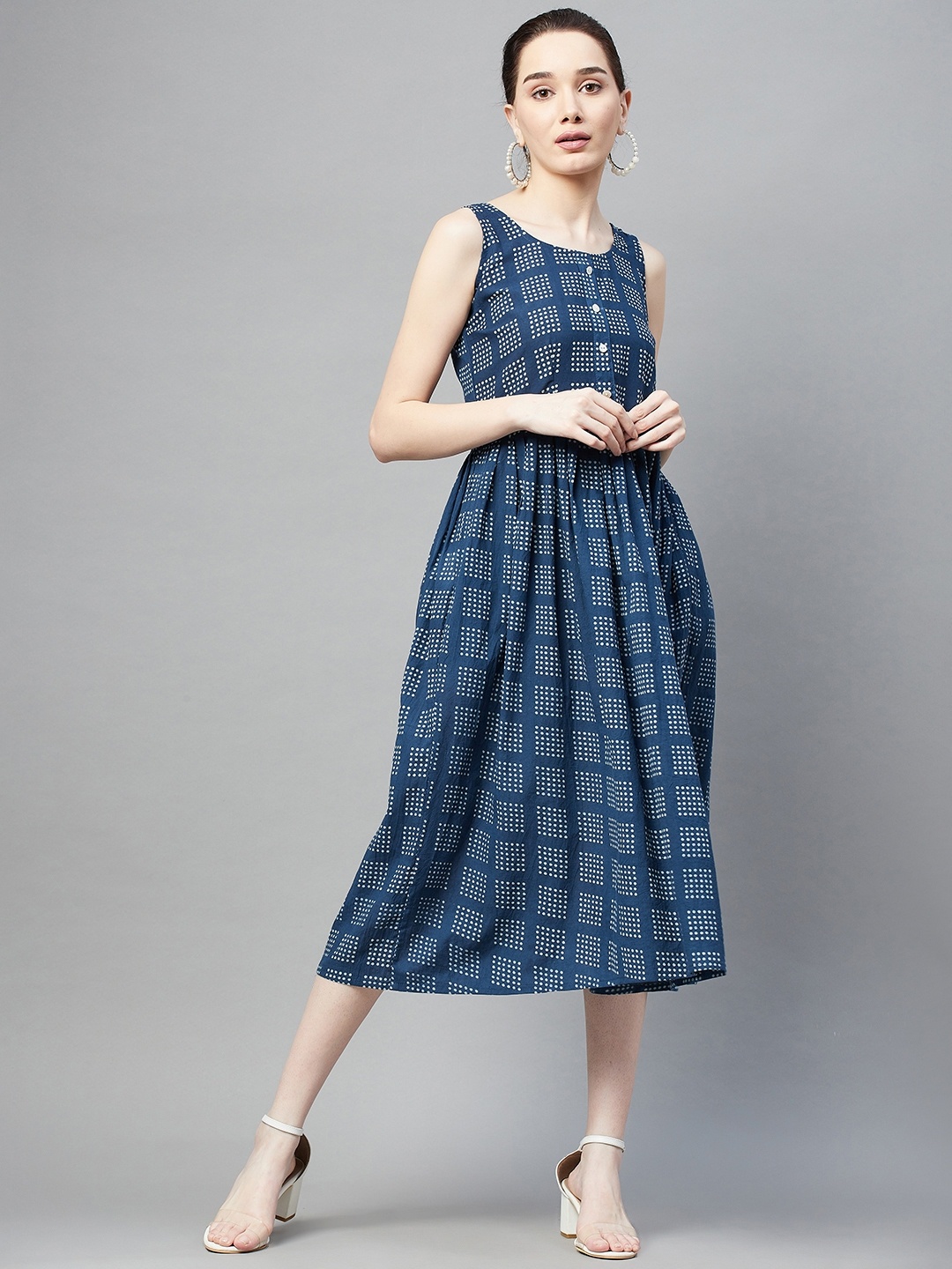 

Aarika Blue & White Printed Cotton Midi Dress
