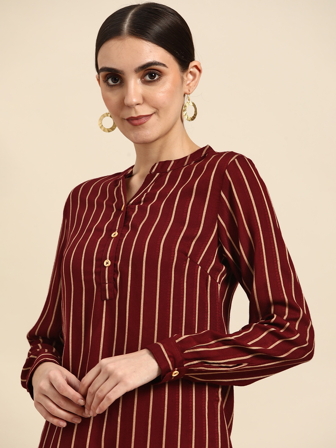 

Anouk Maroon Striped Foil Kurti