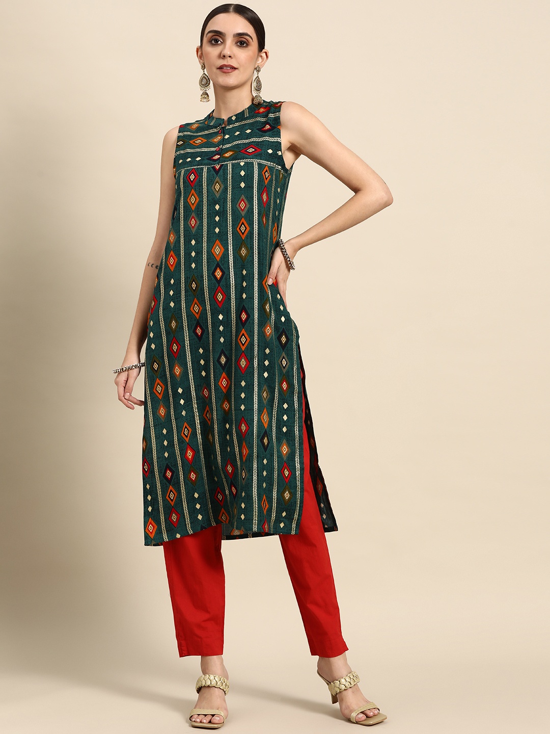 

Anouk Women Teal Green& Red Ethnic Motifs Printed Kurta