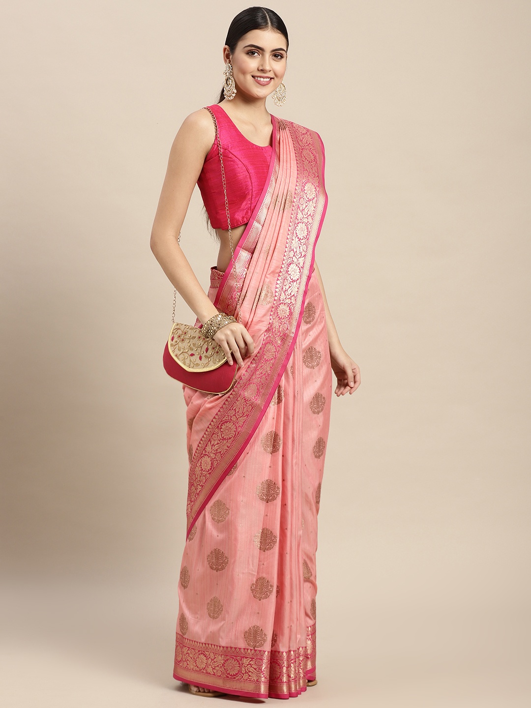 

Saree Swarg Pink Woven Design Silk Blend Banarasi Sarees