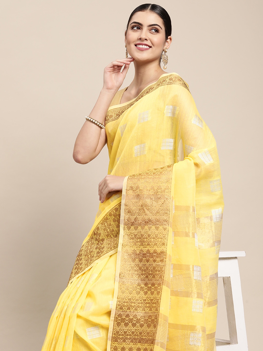 

Saree Swarg Yellow & Silver Linen Blend Banarasi Sarees