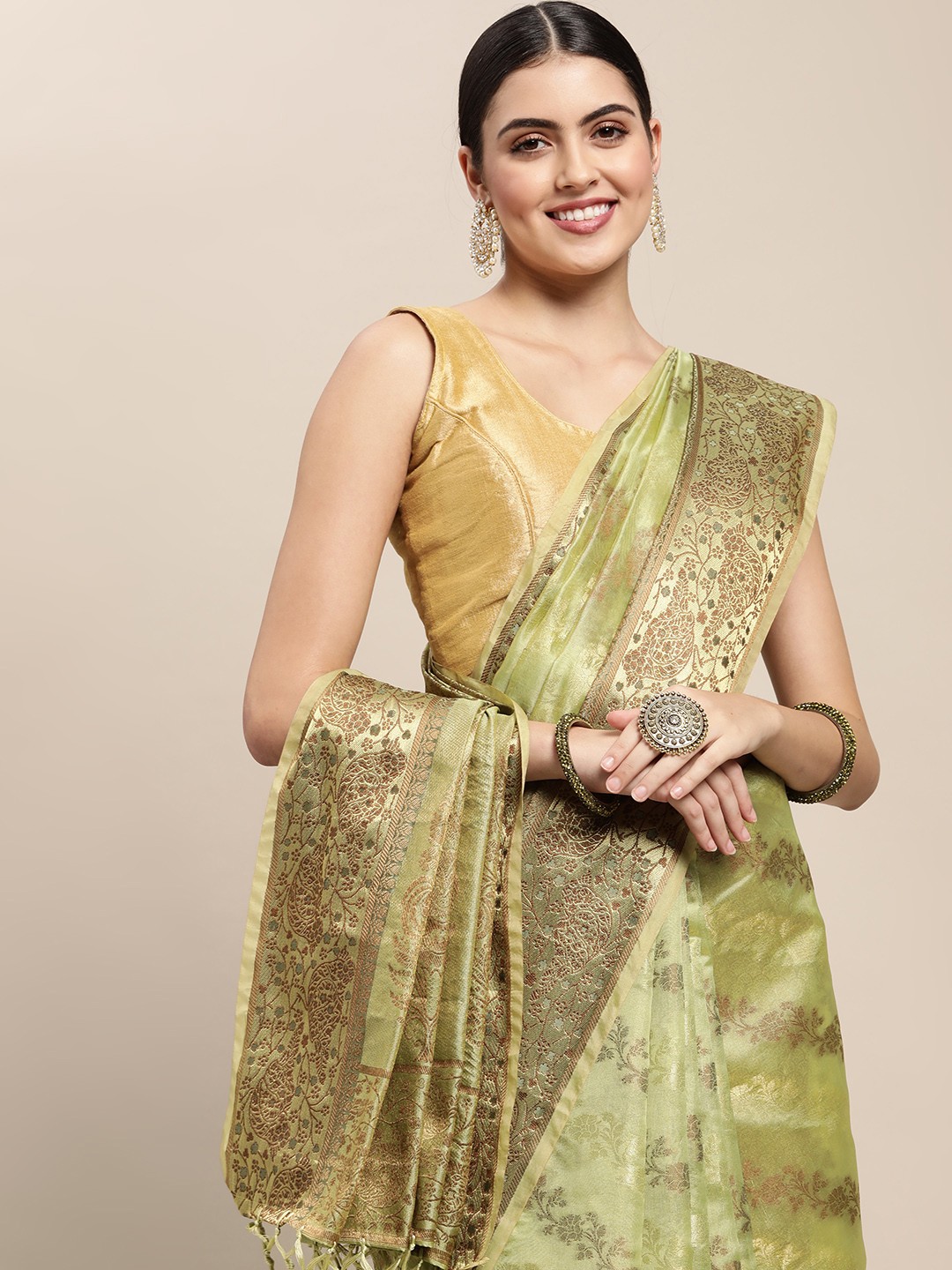 

Saree Swarg Green & Golden Ethnic Motifs Organza Banarasi Sarees