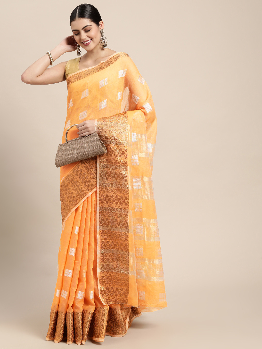 

Saree Swarg Orange & Silver Linen Blend Banarasi Sarees