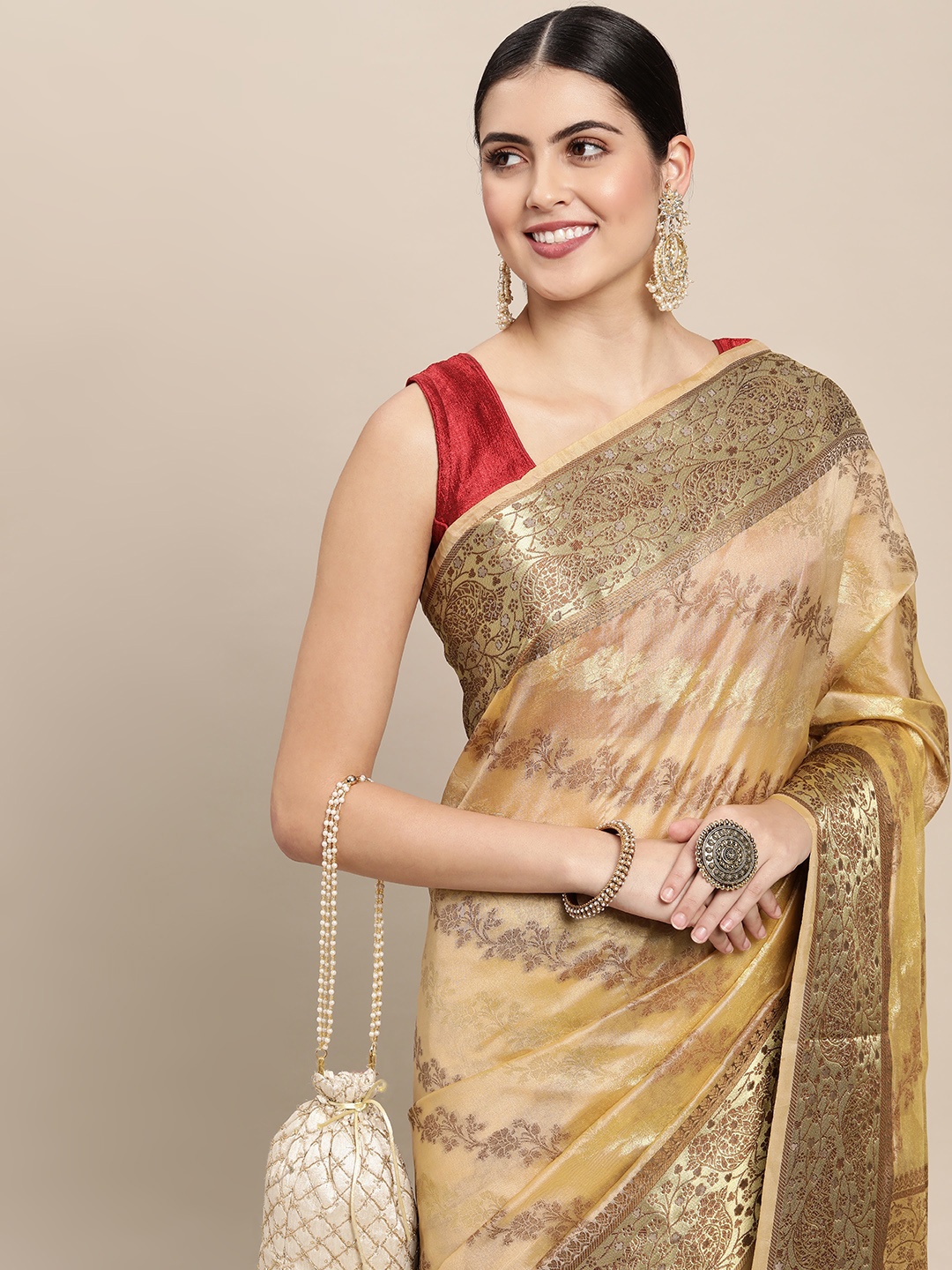 

Saree Swarg Beige & Golden Ethnic Motifs Organza Banarasi Sarees