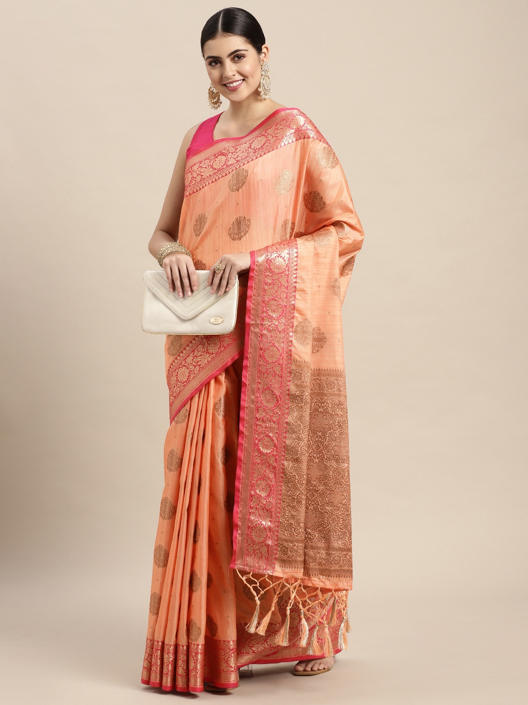 

Saree Swarg Peach-Coloured Woven Design Silk Blend Banarasi Sarees