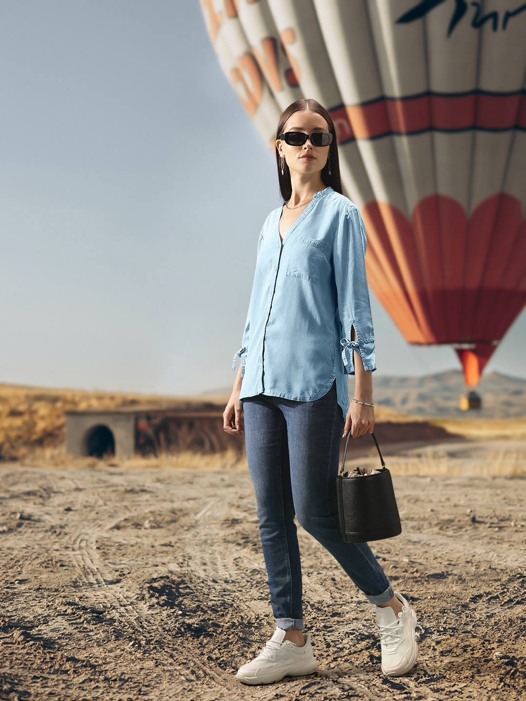 

United Colors of Benetton Women Blue Roll-Up Sleeves Shirt Style Top