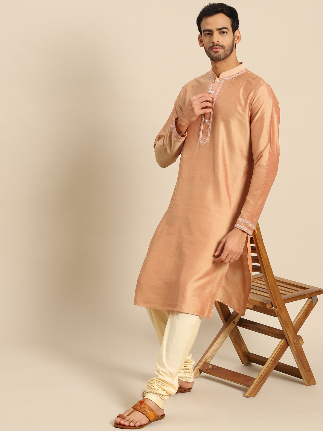 

KISAH Men Coral Pink Kurta with Churidar