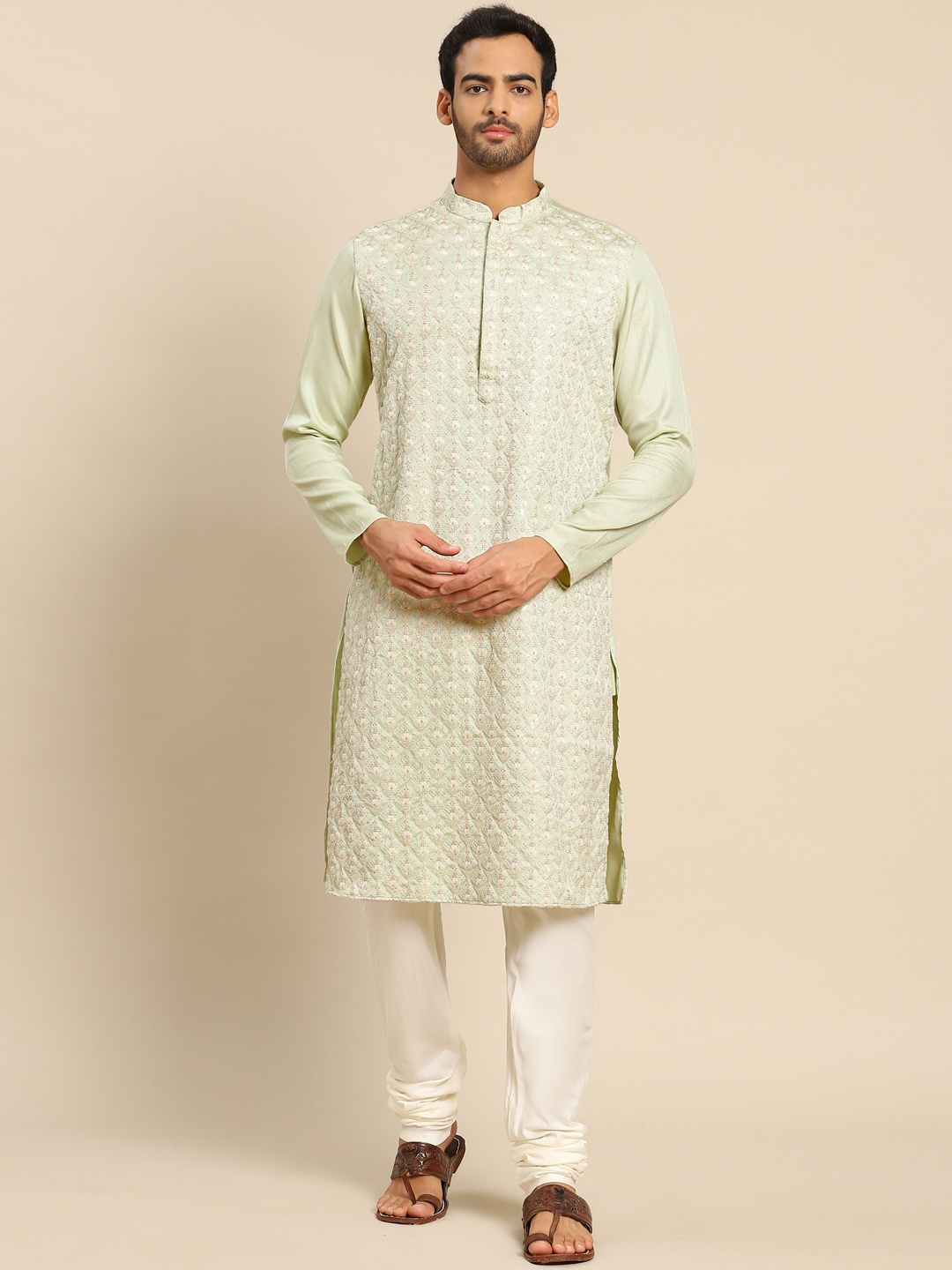 

KISAH Men Green Ethnic Embroidered Sequinned Kurta with Churidar