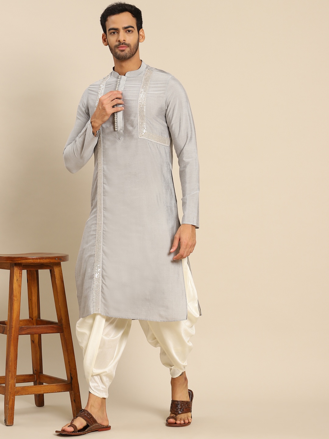 

KISAH Men Grey & Cream-Coloured Sequinned Kurta with Dhoti Pants
