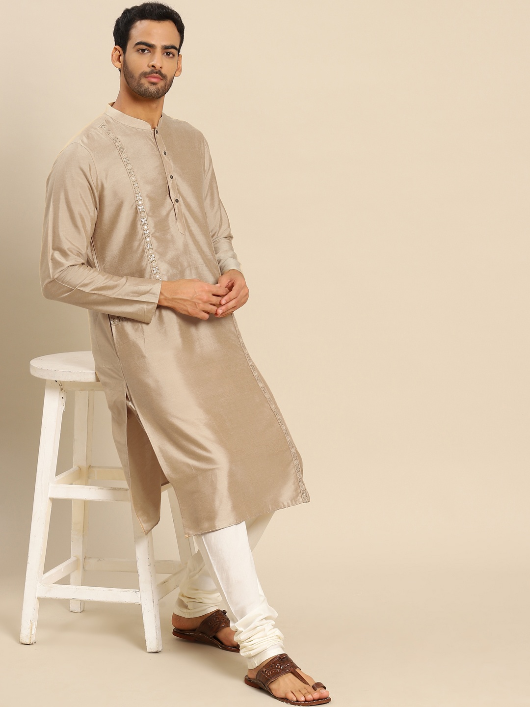 

KISAH Men Beige Kurta with Churidar & Nehru Jacket Set