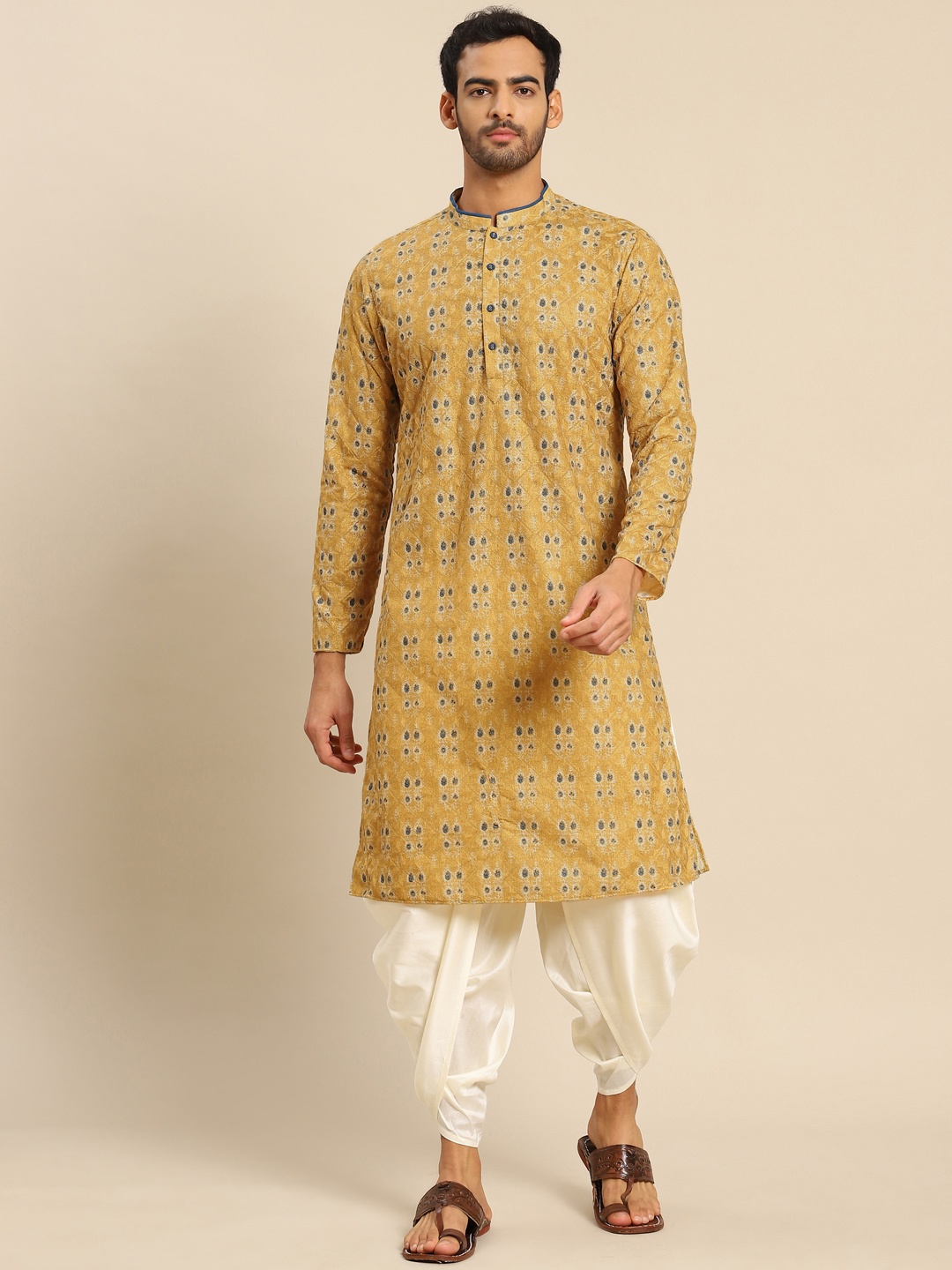 

KISAH Men Mustard Yellow Embroidered Kurta with Dhoti Pants Set