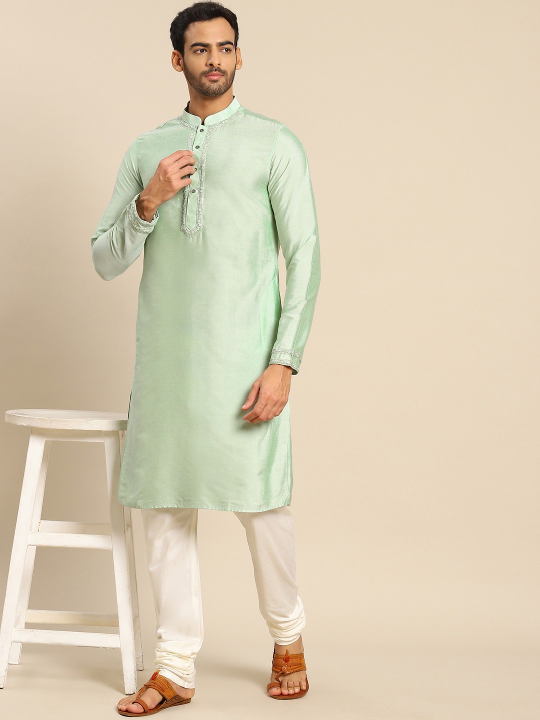 

KISAH Men Sea Green & White Yoke Design Mirror Work Kurta with Churidar