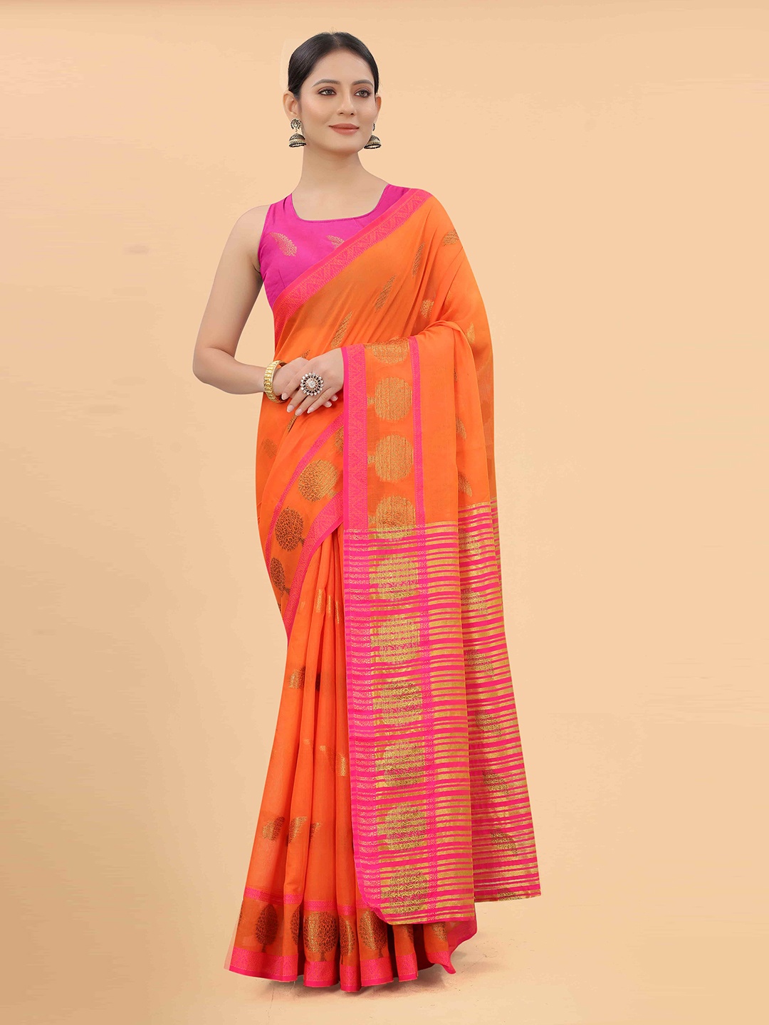 

Silk Land Orange & Pink Woven Design Zari Pure Cotton Saree