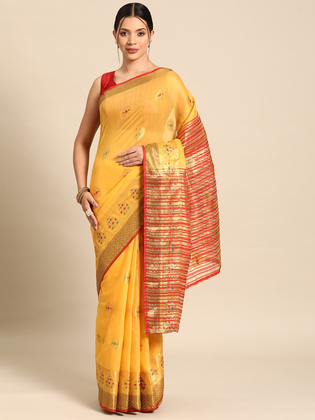 

Silk Land Mustard & Red Woven Design Zari Saree