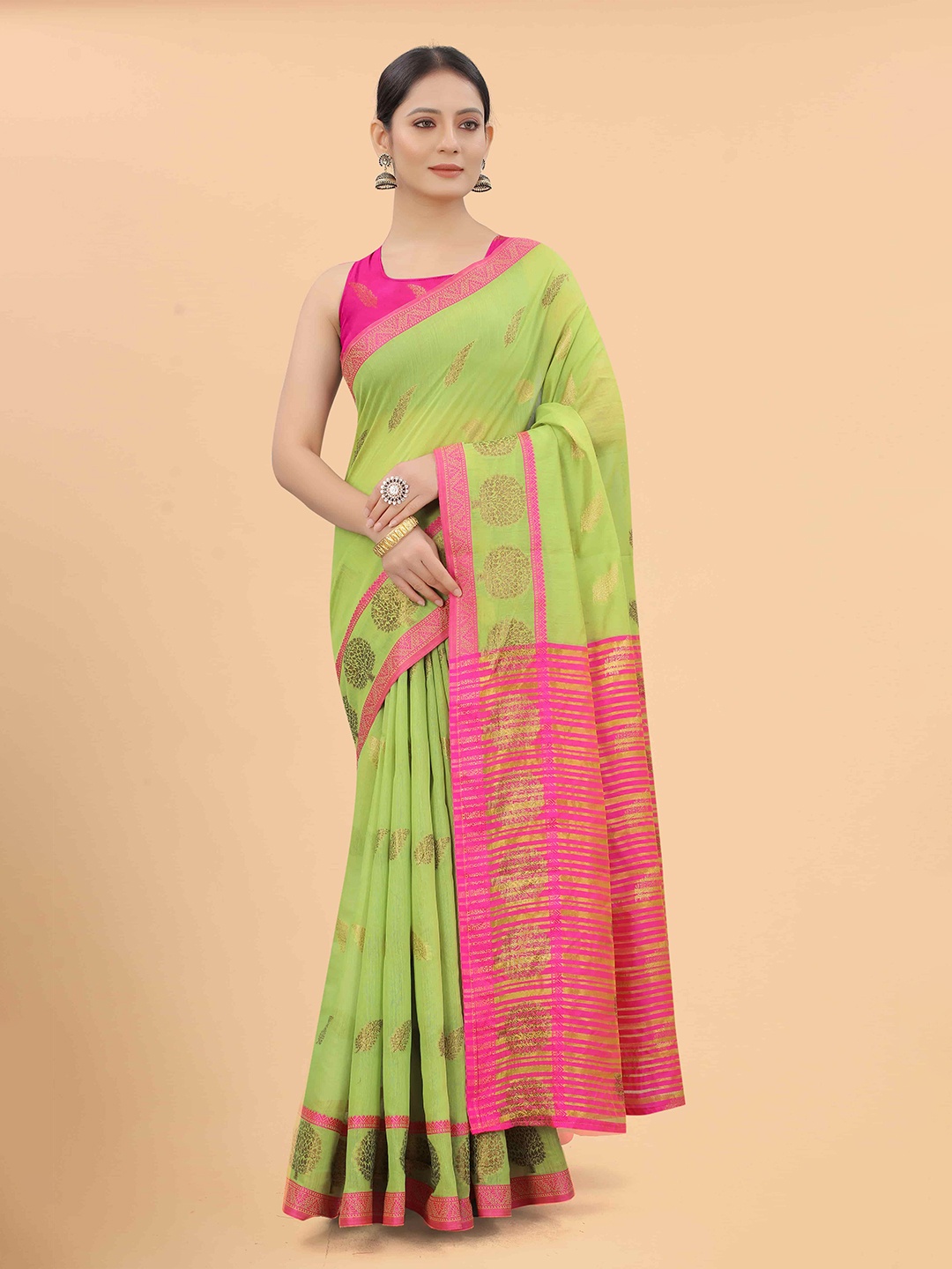 

Silk Land Green & Pink Woven Design Zari Saree
