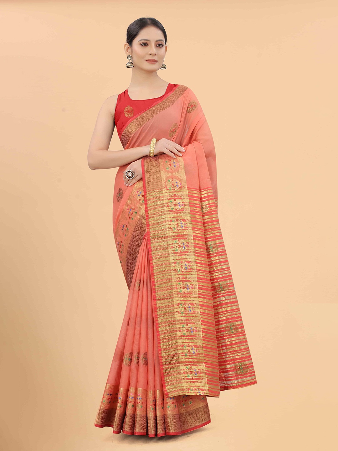 

Silk Land Pink & Red Woven Design Pure Cotton Fusion Saree