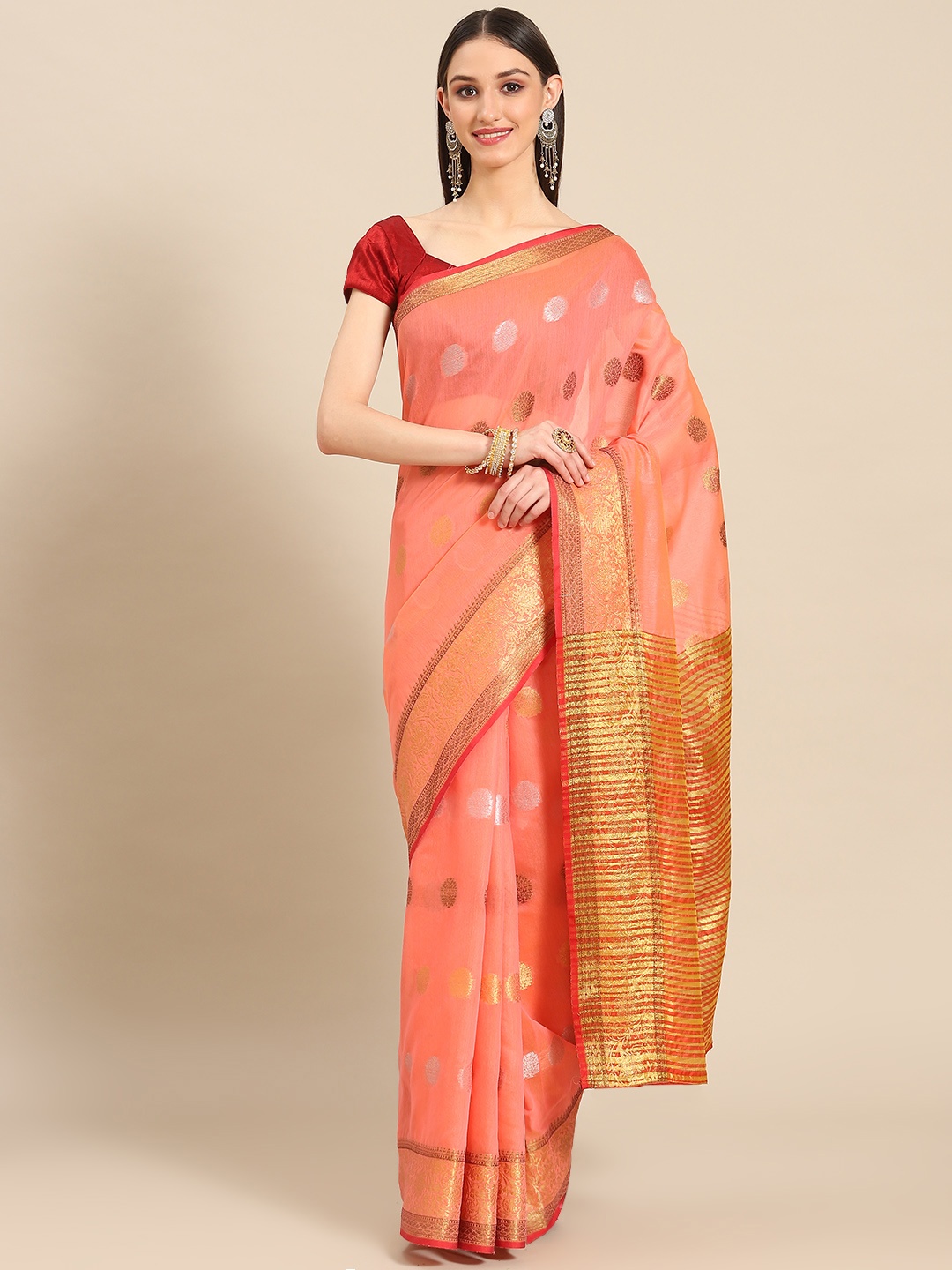 

Silk Land Women Pink & Silver-Toned Woven Design Zari Fusion Saree