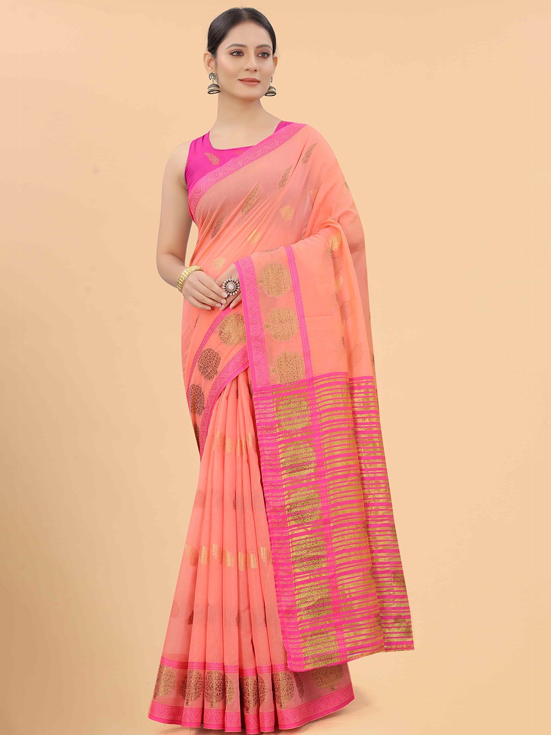 

Silk Land Pink & Gold-Toned Woven Design Zari Pure Cotton Saree 100% Pure Cotton