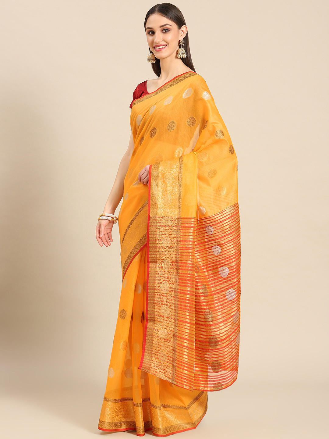 

Silk Land Mustard & Red Woven Design Zari Pure Cotton Saree