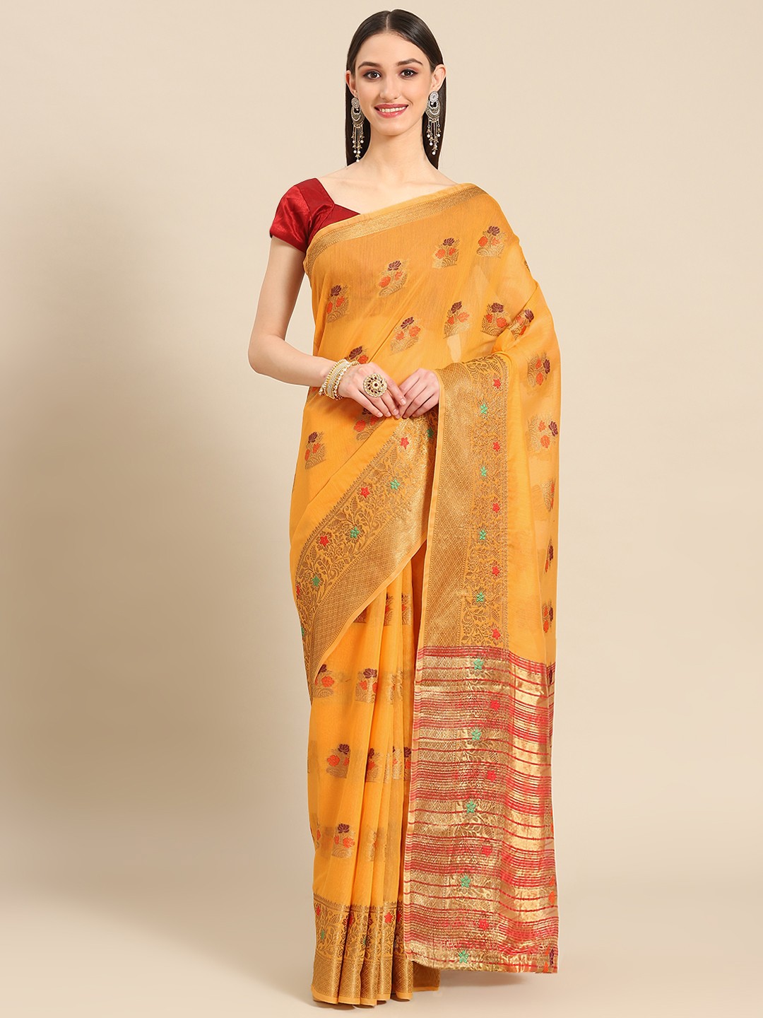 

Silk Land Mustard & Gold-Toned Woven Design Saree