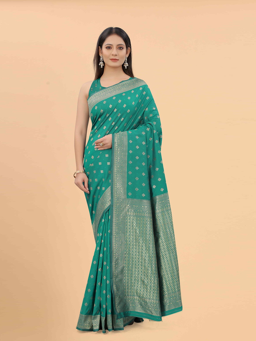 

Silk Land Teal & Gold-Toned Woven Design Zari Pure Silk Banarasi Saree