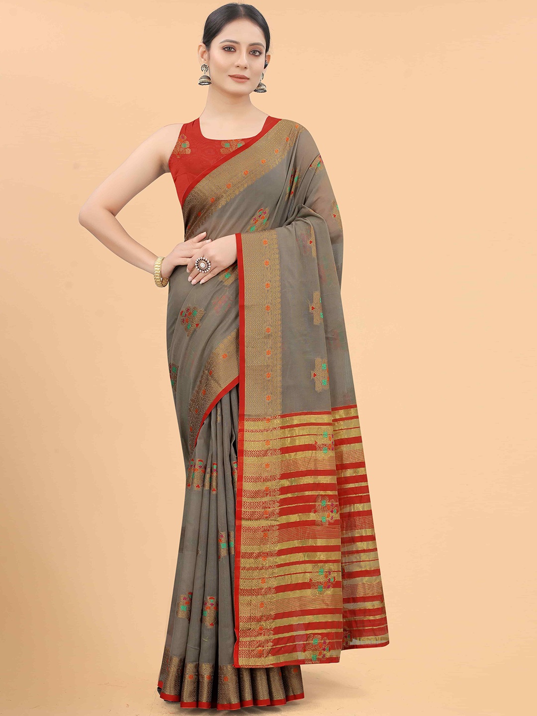 

Silk Land Grey & Red Floral Zari Woven Saree