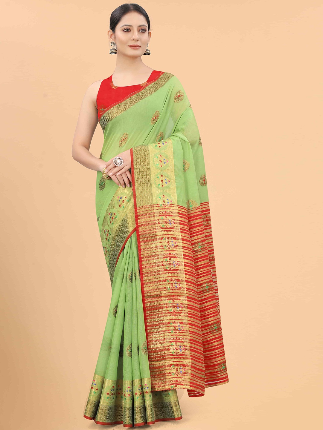 

Silk Land Green & Red Woven Design Saree