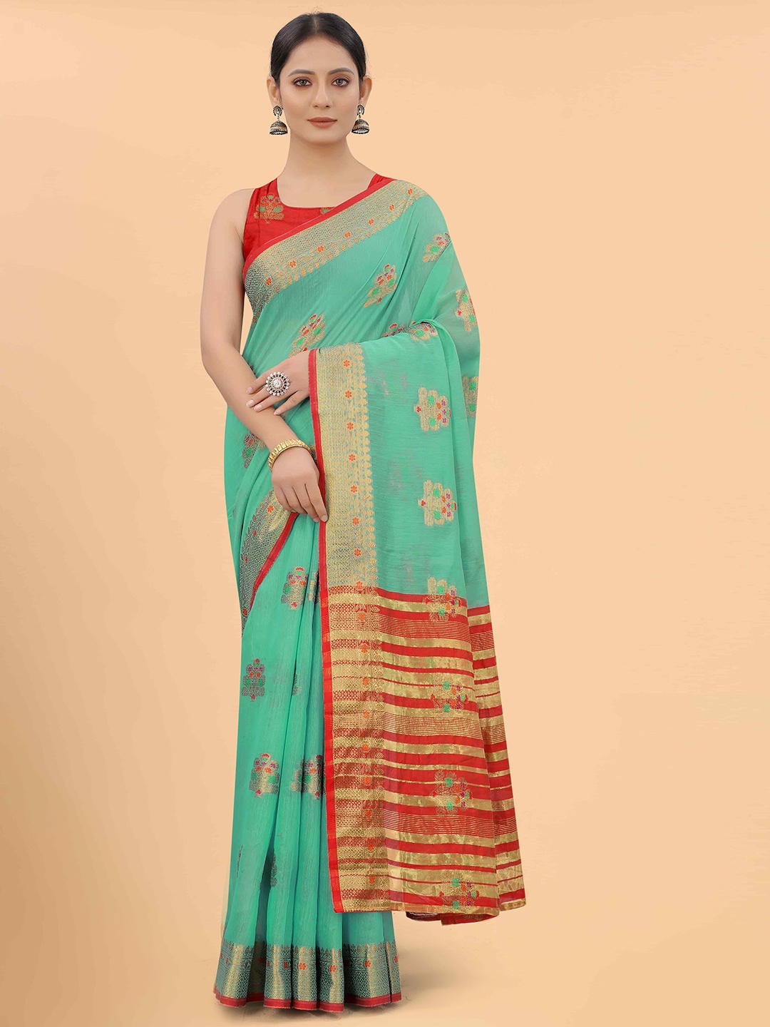 

Silk Land Teal & Red Woven Design Zari Fusion Saree