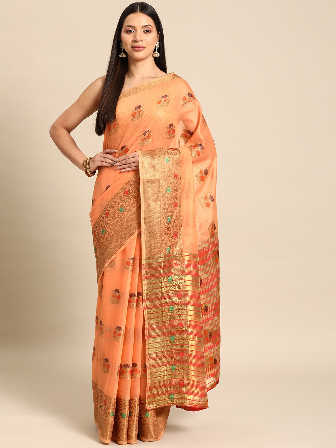 

Silk Land Peach-Coloured & Gold-Toned Woven Design Zari Saree