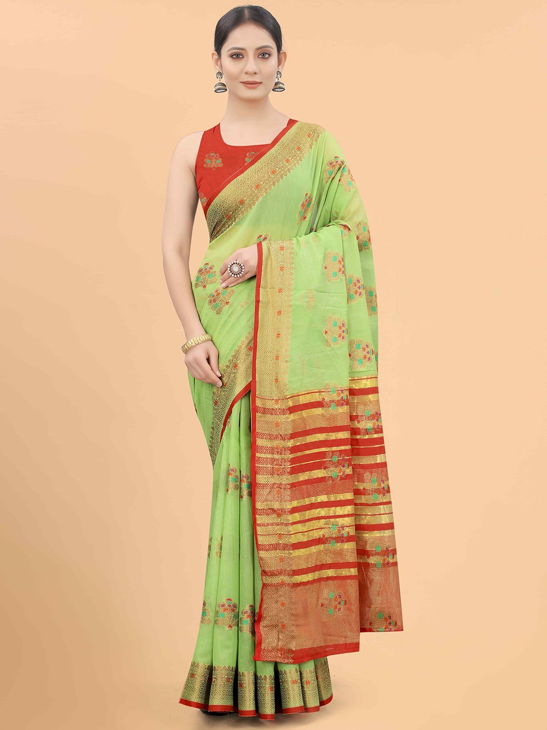 

Silk Land Green & Red Woven Design Saree