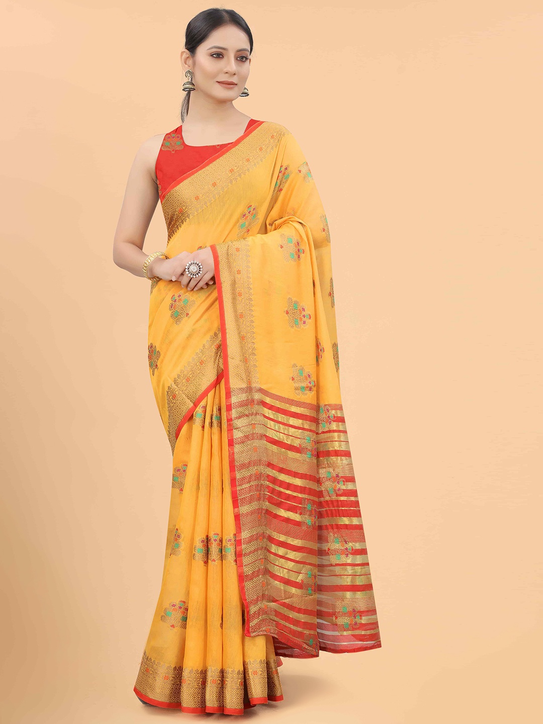 

Silk Land Women Mustard & Red Floral Zari Fusion Saree