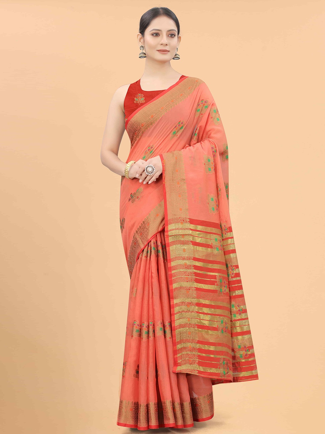 

Silk Land Pink & Gold-Toned Woven Design Zari Saree