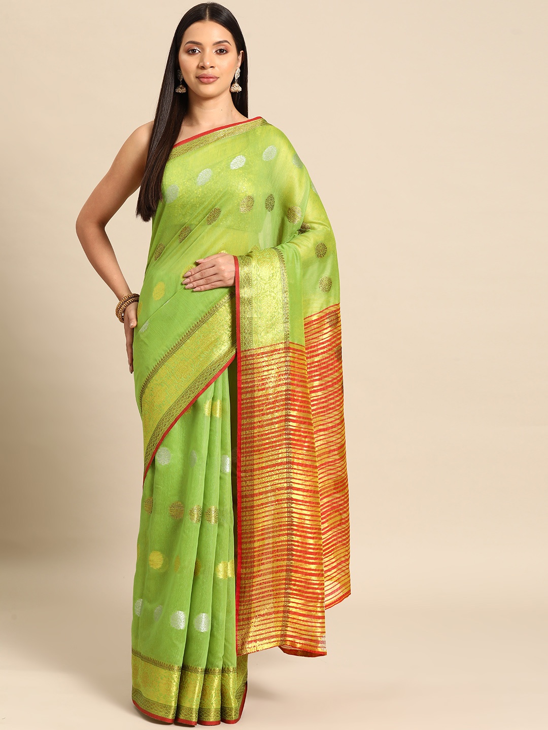 

Silk Land Green & Orange Woven Design Fusion Saree