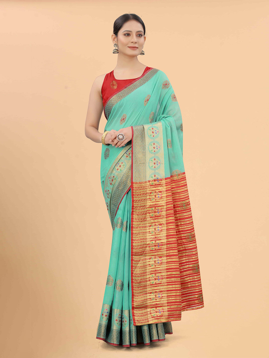 

Silk Land Teal & Red Woven Design Zari Saree