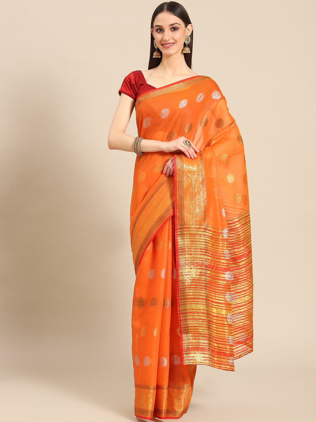 

Silk Land Orange & Red Woven Design Zari Fusion Saree