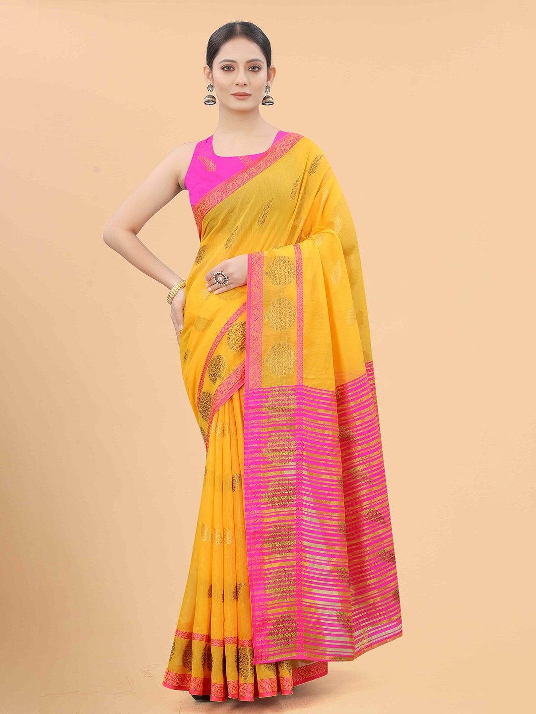 

Silk Land Mustard & Pink Floral Woven Design Pure Cotton Saree