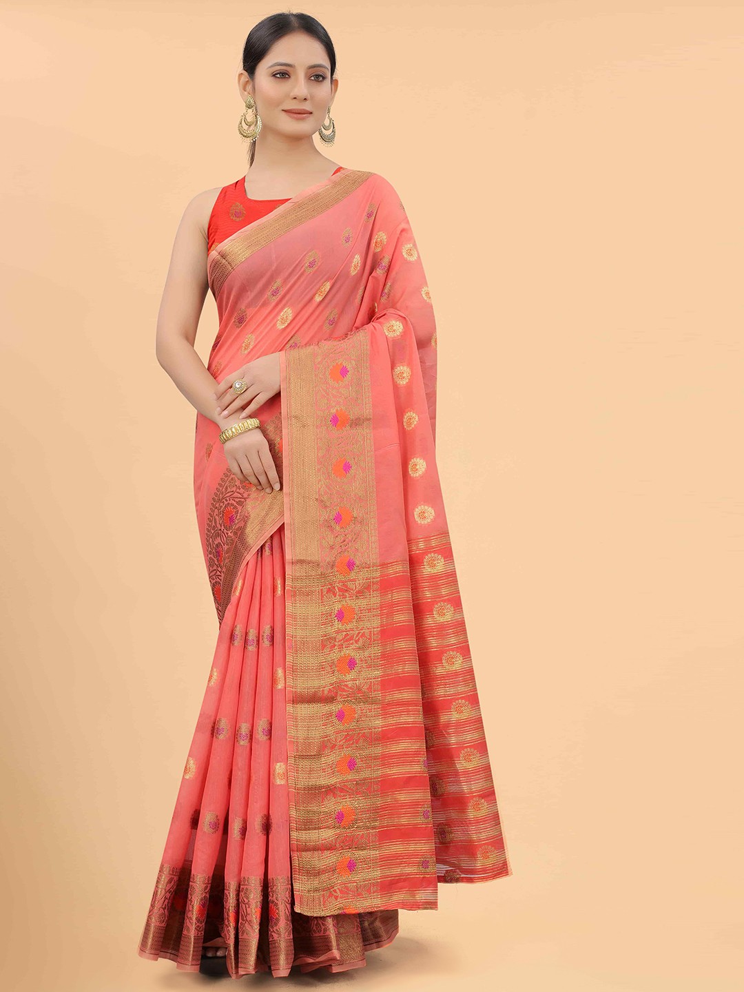 

Silk Land Pink & Red Woven Design Zari Fusion Saree