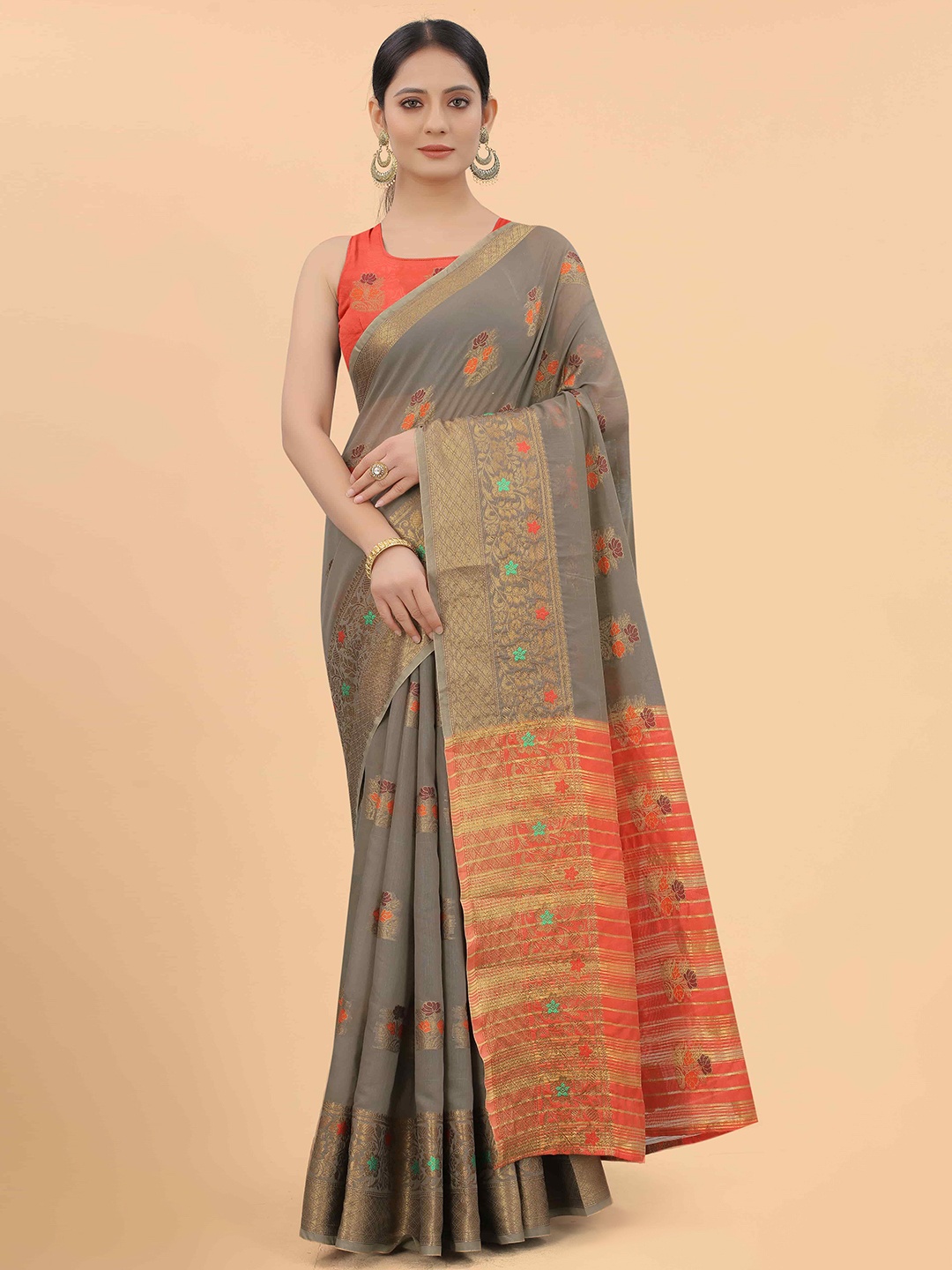 

Silk Land Grey & Red Woven Design Zari Fusion Saree